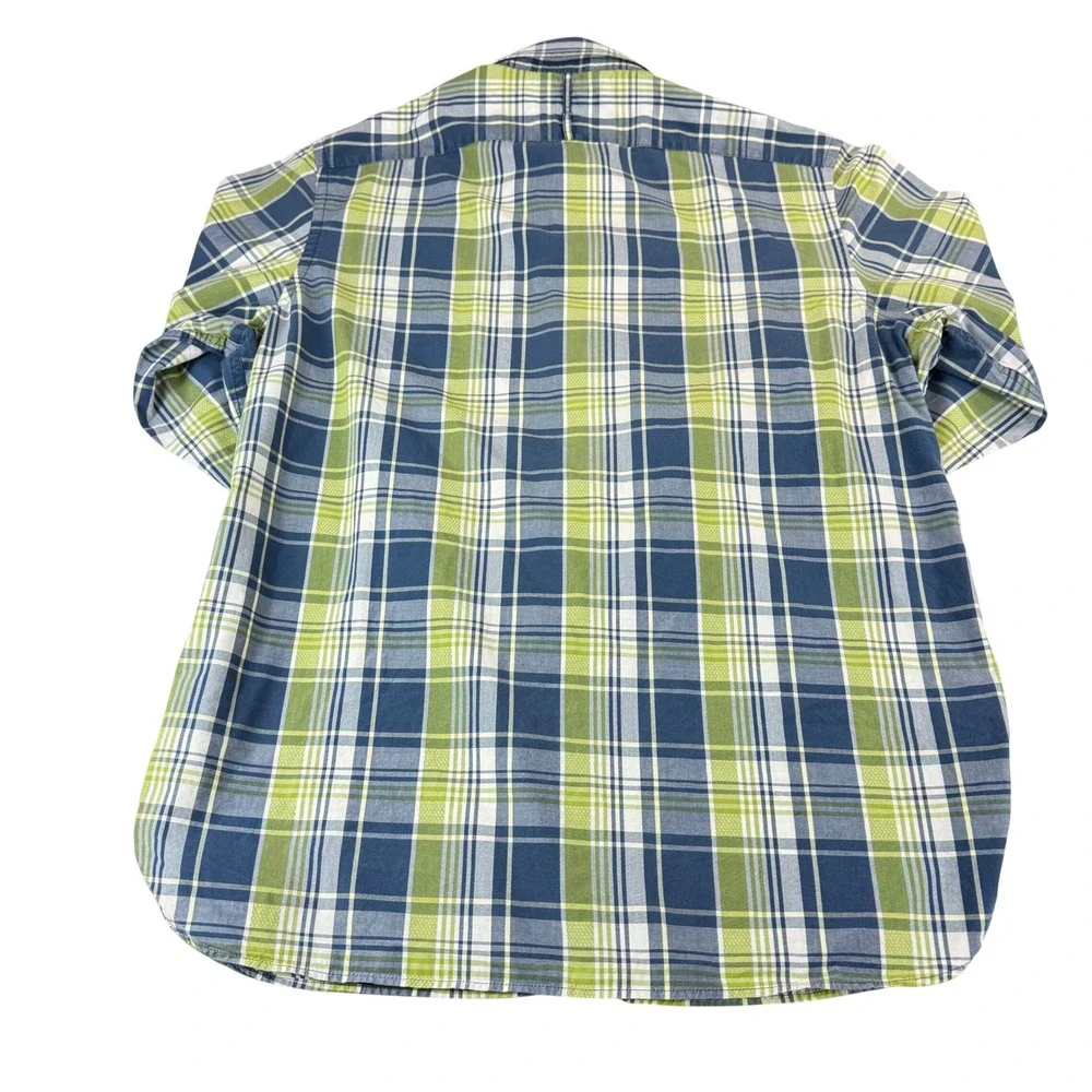 Banana Republic Men L Button Up Long Sleeve Shirt Blue Green Plaid Classic Prep
